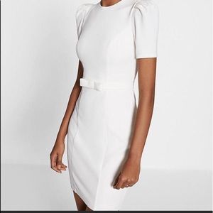 NEW Express PUFF SLEEVE BELTED SHEATH DRESS White